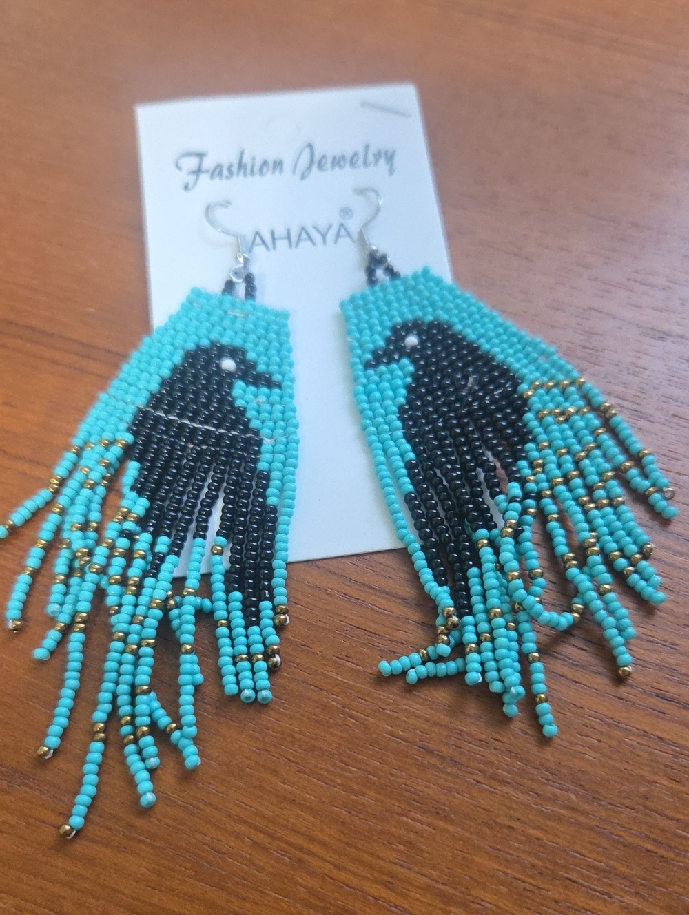 Turquoise Colored & Black Beaded Raven Fringe Earrings